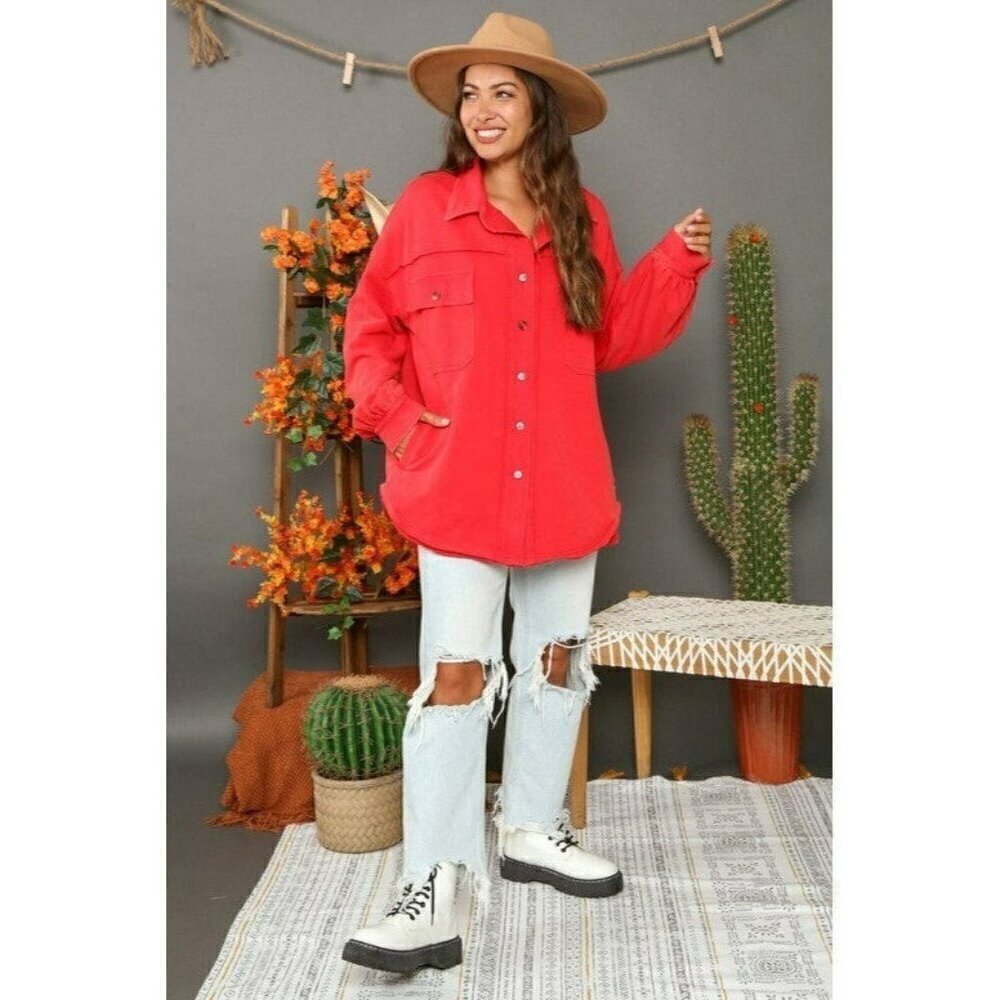 Be Bold Washed Contrast Loose Shacket in Red - Picture 2 of 3